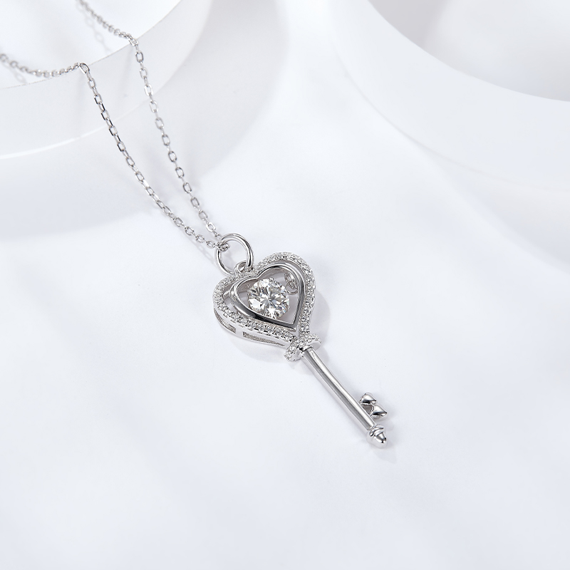 Sotiya Hollow Heart and Key Design Round Cut Moissanite Necklace Sterling Silver-Sotiya