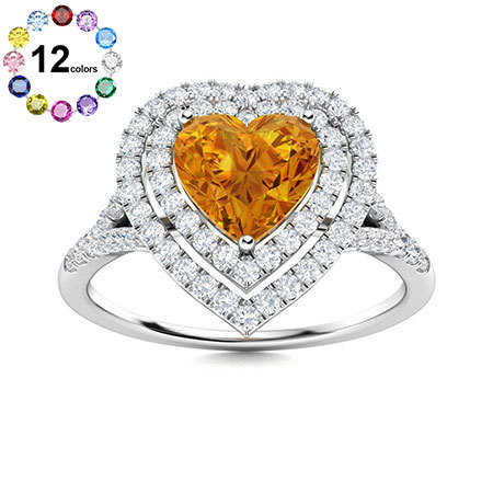 Sotiya Customizable 12 Birthstone Double Halo Heart Cut Engagement Ring Sterling Silver