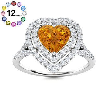 Sotiya Customizable 12 Birthstone Double Halo Heart Cut Engagement Ring Sterling Silver
