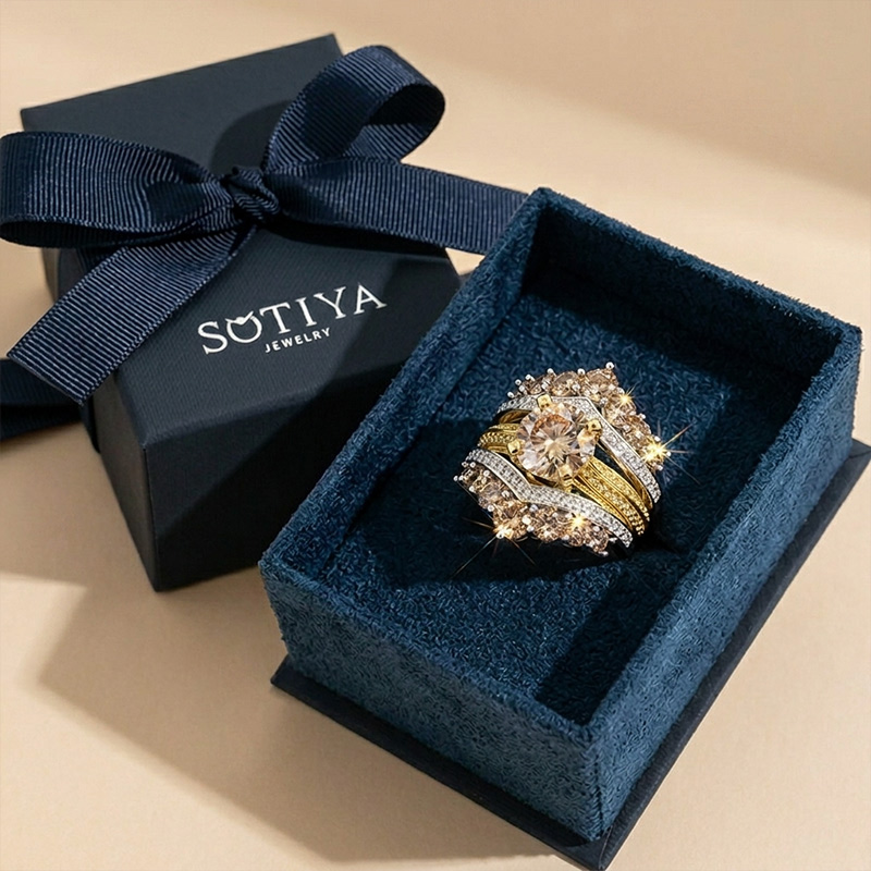 Sotiya Two Tone Round Cut Coffee Enhancer Wedding Bridal Ring Set Sterling Silver