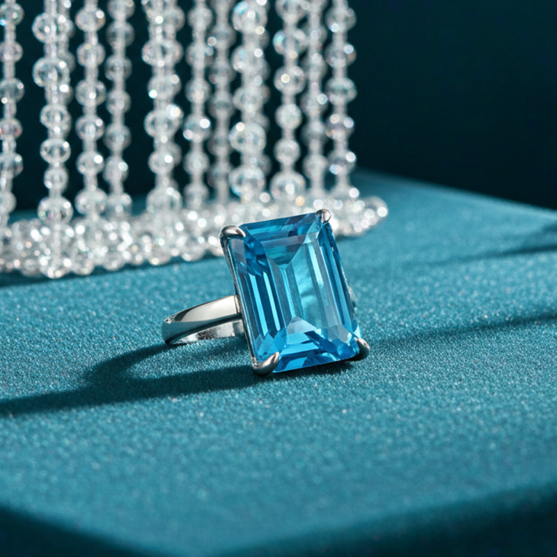 Sotiya Solitaire Emerald Cut Aquamarine Engagement Ring Sterling Silver-Sotiya