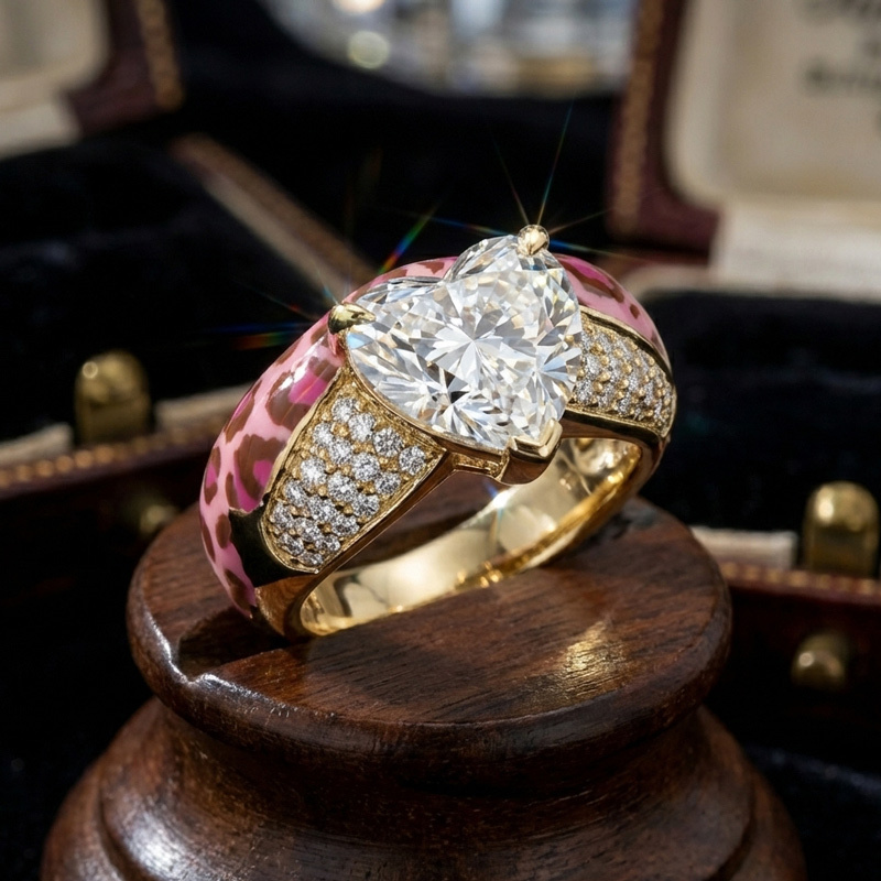 Sotiya Heart Cut Leopard Print Pink Enamel Ring Sterling Silver-Sotiya