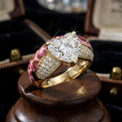 Sotiya Heart Cut Leopard Print Pink Enamel Ring Sterling Silver-Sotiya