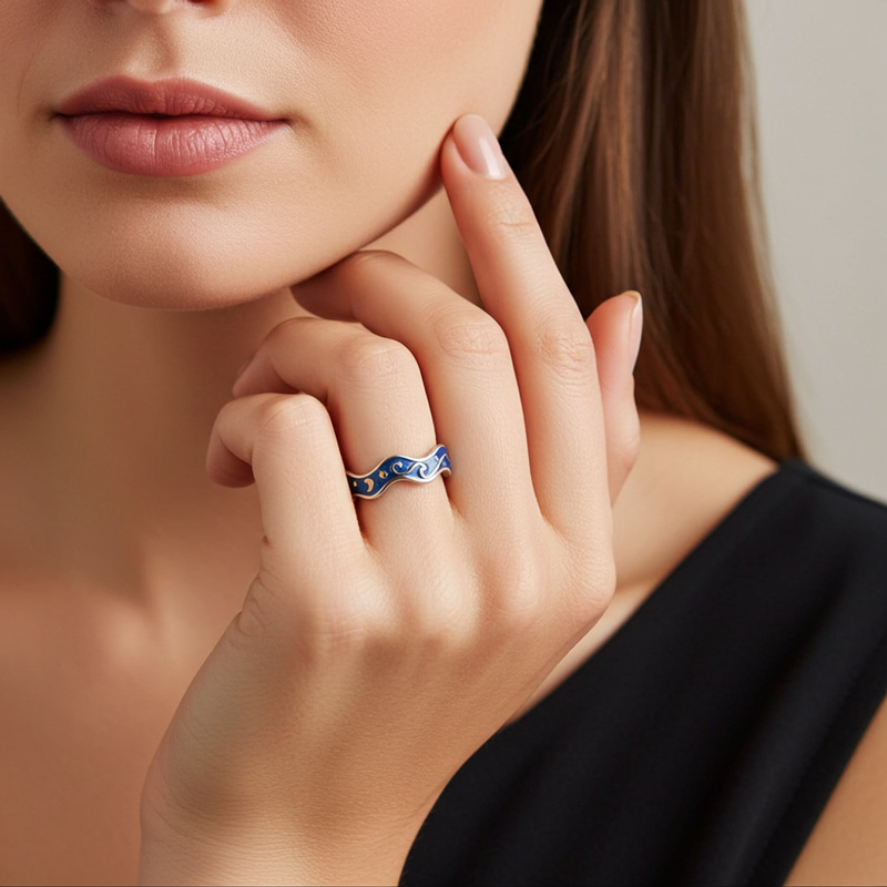 Sotiya Artist Collection Famous Painting Starry Night Inspired Enamel Open Ring Sterling Silver-Sotiya