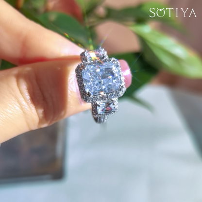 Sotiya Three Stone Halo Radiant Cut Engagement Ring High-carbon Zircon Sterling Silver