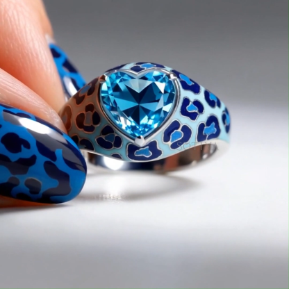 Sotiya Heart Cut Blue Leopard Print Enamel Ring Sterling Silver