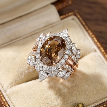 Sotiya 3PC Halo Oval Cut Coffee Wedding Bridal Ring Set Sterling Silver-Sotiya