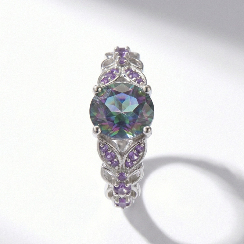 Sotiya Butterfly Round Cut Rainbow Mystic Quartz Engagement Ring Sterling Silver-Sotiya