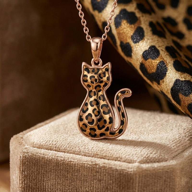 Sotiya Leopard Print Cat Coffee Enamel Necklace Sterling Silver-Sotiya