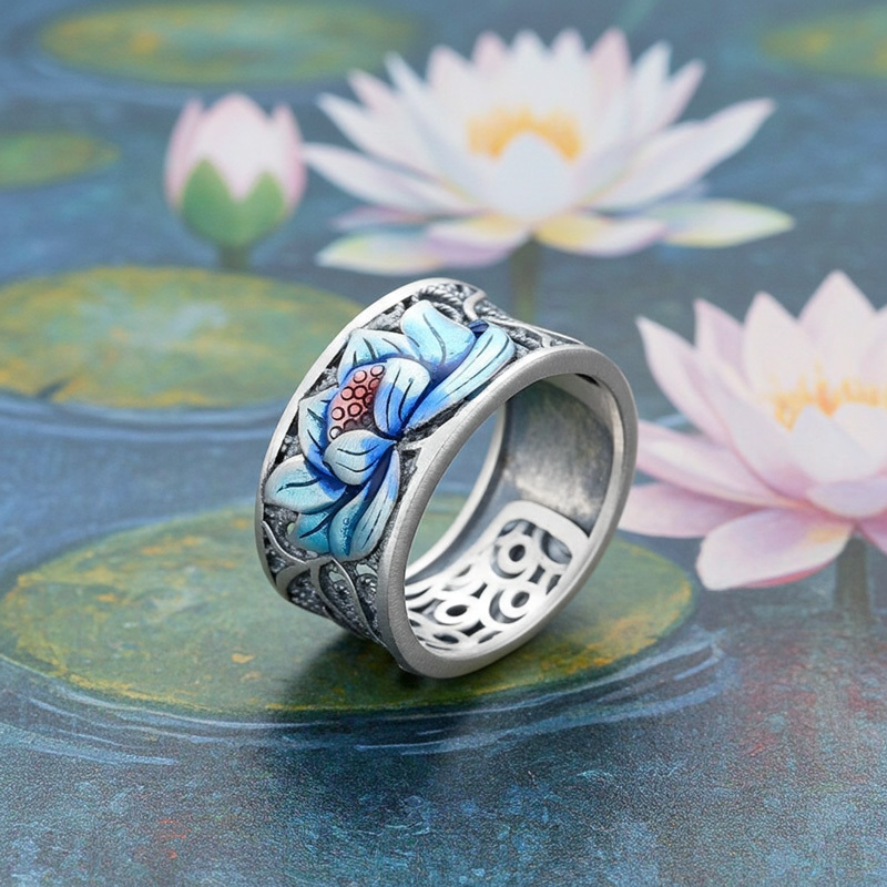 Sotiya Artist Collection Famous Painting Water Lilies Inspired Enamel Adjustable Ring Sterling Silver-Sotiya