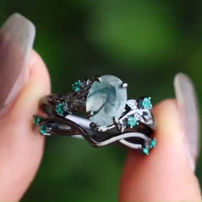 Sotiya Nature Inspired Oval Cut Green Moss Agate Wedding Bridal Ring Set Sterling Silver