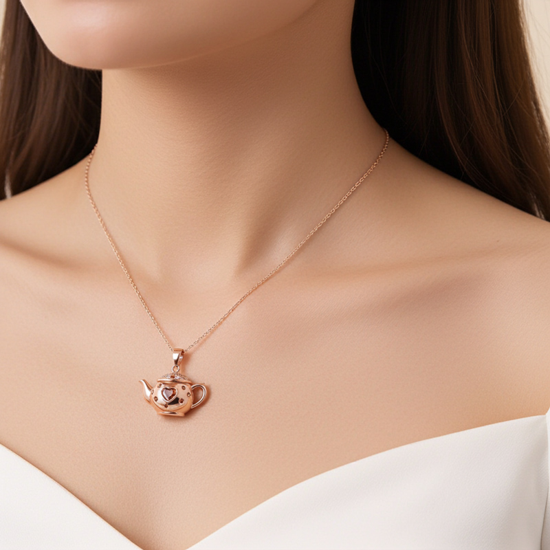 Sotiya Best Buds Teapot and Dancing Princess Heart Cut Chocolate Necklace Sterling Silver-Sotiya