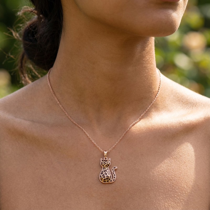 Sotiya Leopard Print Cat Coffee Enamel Necklace Sterling Silver-Sotiya