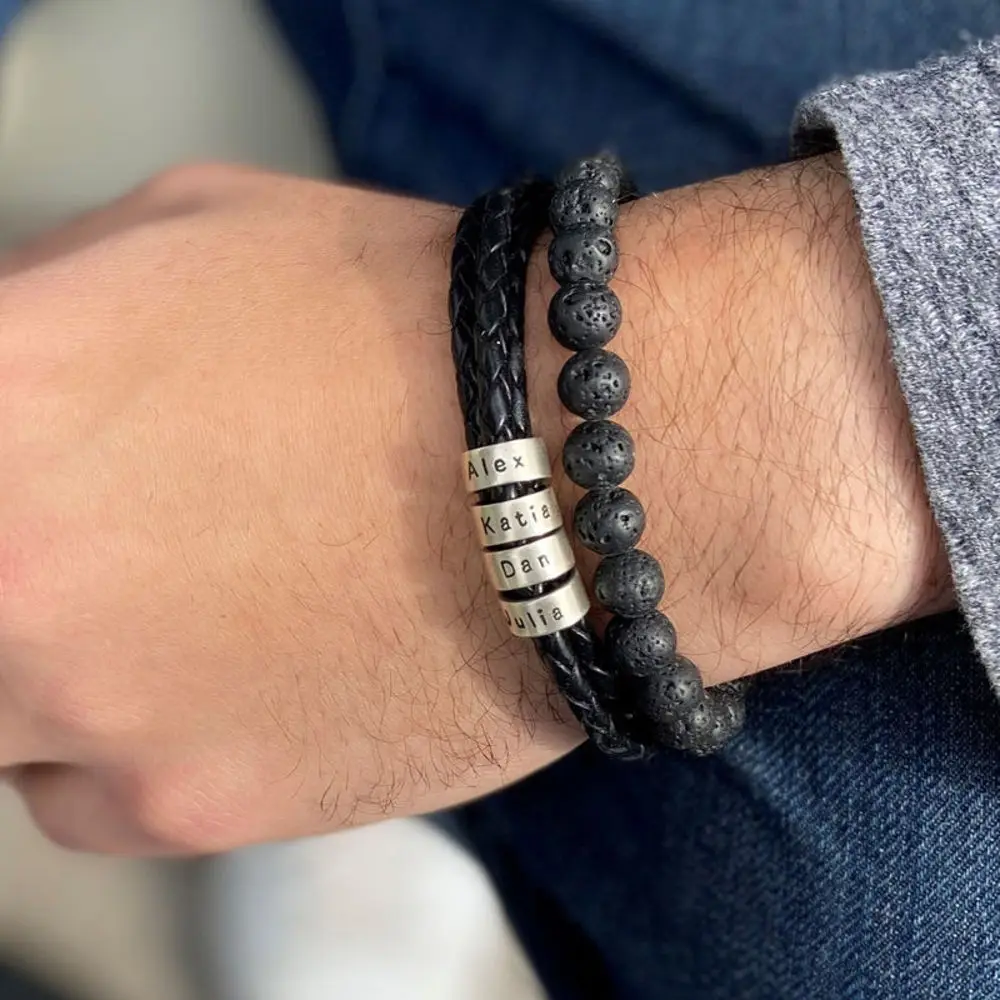 Sotiya Men's Braided Leather Bracelet with Custom Beaded in Tungsten-Sotiya