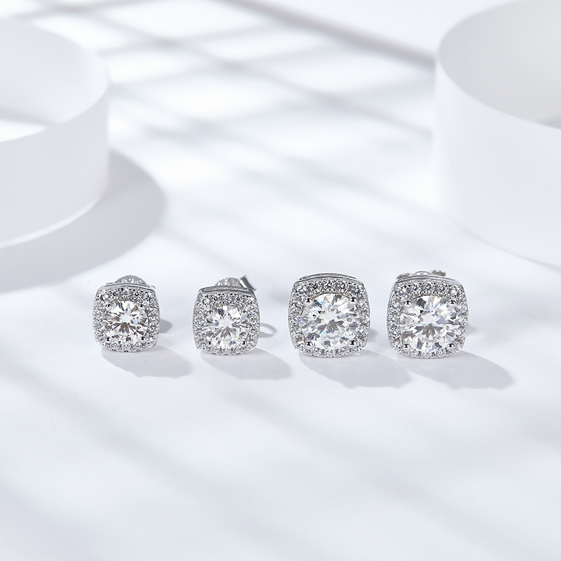 Sotiya Square Halo Design Round Cut Moissanite Stud Earrings Sterling Silver-Sotiya