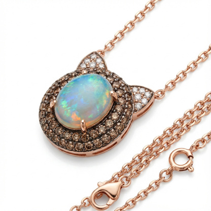 Sotiya Cat Design Double Halo Opal Oval Cut Coffee Necklace Sterling Silver-Sotiya
