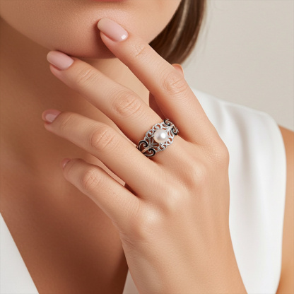 Sotiya Victorian Rococo Black Enamel Pearl Ring Sterling Silver-Sotiya