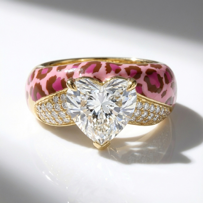 Sotiya Heart Cut Leopard Print Pink Enamel Ring Sterling Silver-Sotiya