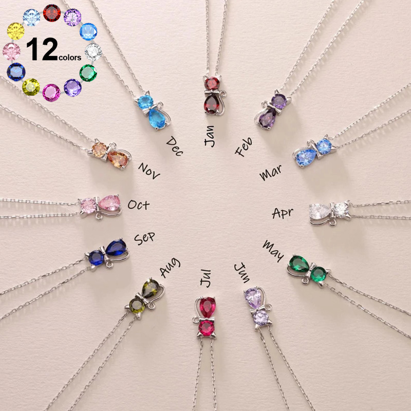 Sotiya 12 Birthstones Cat Design Necklace-Sotiya