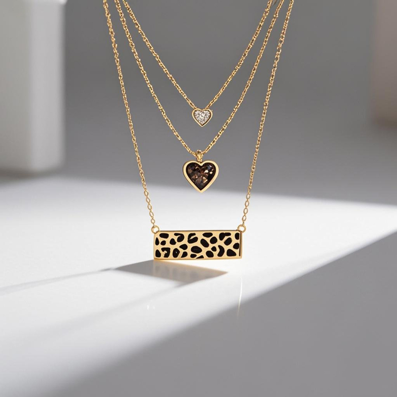 Sotiya Heart Cut Leopard Print Coffee Enamel Triple Layered Necklace Sterling Silver-Sotiya