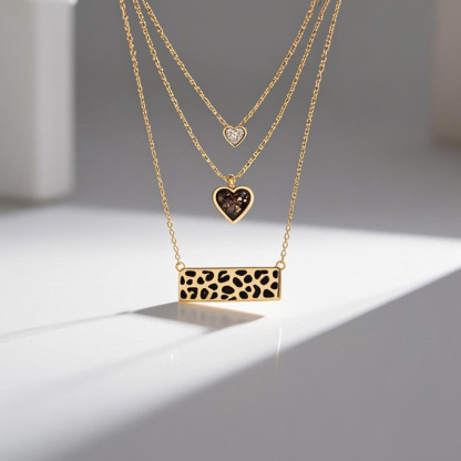 Sotiya Heart Cut Leopard Print Coffee Enamel Triple Layered Necklace Sterling Silver-Sotiya