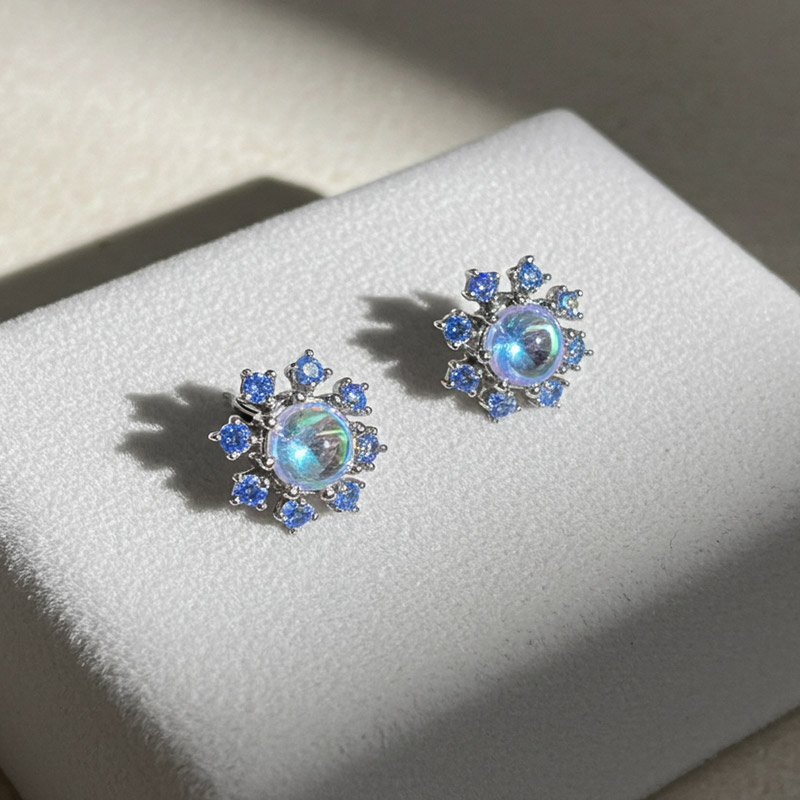 Sotiya Best Buds Snowflake Moonstone Round Cut Earrings Sterling Silver-Sotiya