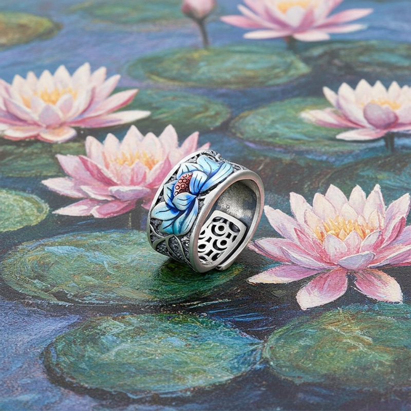 Sotiya Artist Collection Famous Painting Water Lilies Inspired Enamel Adjustable Ring Sterling Silver-Sotiya