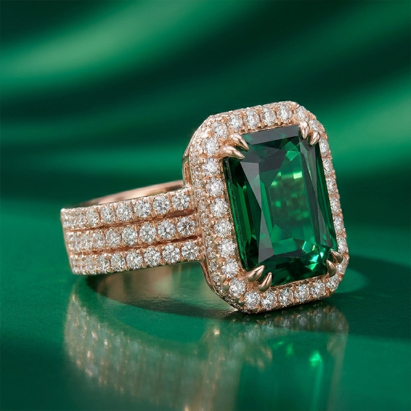 Sotiya Halo Radiant Cut Emerald Green Engagement Ring Sterling Silver
