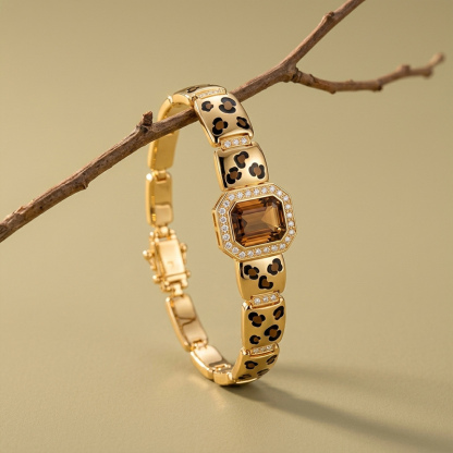 Sotiya Leopard Print Enamel Emerald Cut Coffee Gemstone Halo Link Bracelet