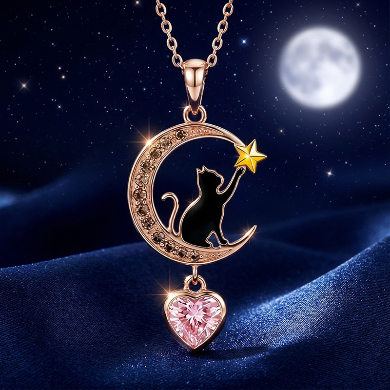 Sotiya Crescent Moon & Black Cat Heart Cut Necklace Sterling Silver-Sotiya