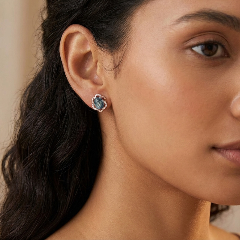 Sotiya Moss Agate Oval Cut Halo Flower Petal Design Stud Earrings Sterling Silver-Sotiya