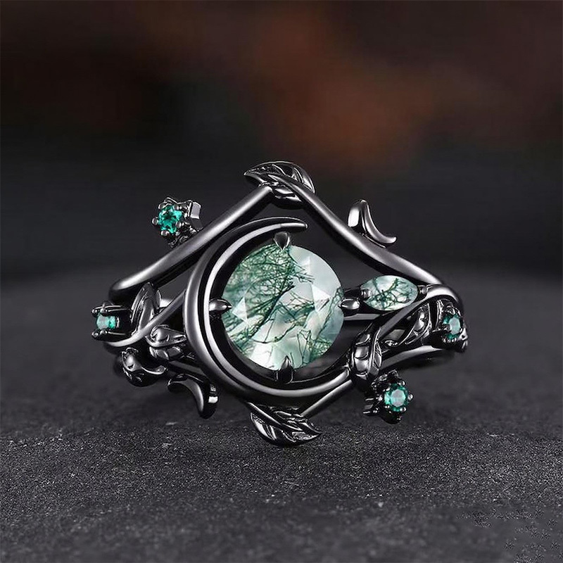 Sotiya Nature Inspired Round Cut Green Moss Agate Wedding Bridal Ring Set Sterling Silver-Sotiya