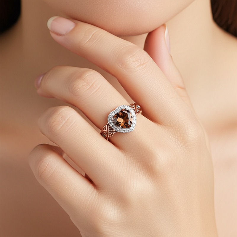 Sotiya Halo Heart Cut Knot Coffee Enamel Engagement Ring Sterling Silver-Sotiya