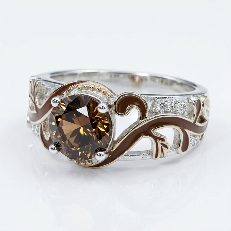 Sotiya Victorian Rococo Enamel Round Cut Coffee Engagement Ring Sterling Silver