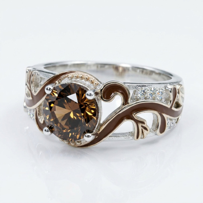 Sotiya Victorian Rococo Enamel Round Cut Coffee Engagement Ring Sterling Silver
