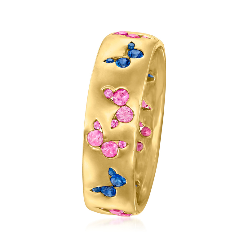 Sotiya Hot Pink and Blue Sapphire Butterfly Cigar Women's Wedding Ring Sterling Silver-Sotiya