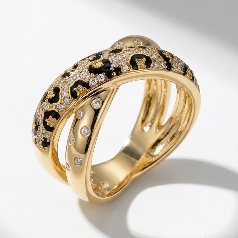 Sotiya Cross Leopard Print Black Enamel Ring Sterling Silver-Sotiya