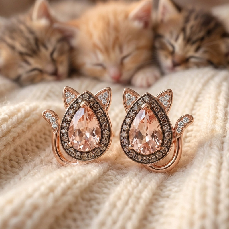 Sotiya Cat Design Halo Synthetic Morganite Pear Cut Coffee Stud Earrings Sterling Silver-Sotiya
