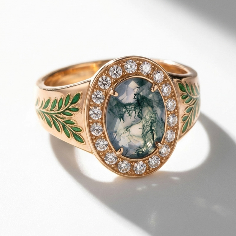 Sotiya Victorian Bay Leaf Enamel Halo Oval Cut Moss Agate Engagement Ring Sterling Silver-Sotiya