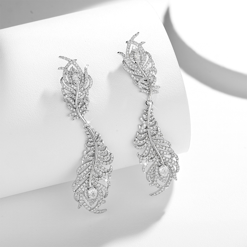 Sotiya Feather Design Round Cut Moissanite Drop Earrings Sterling Silver-Sotiya