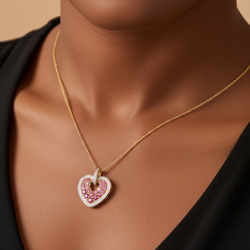 Sotiya Gradient Hot Pink Round Cut Halo Heart Necklace Sterling Silver