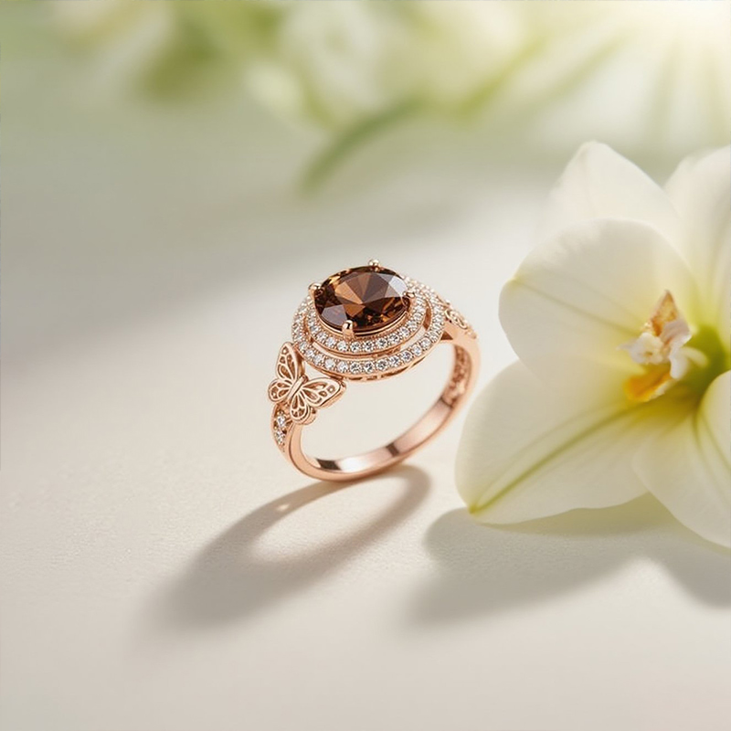 Sotiya Butterfly Round Cut Double Halo Coffee Engagement Ring Sterling Silver-Sotiya