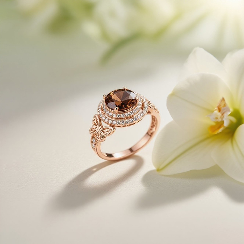 Sotiya Butterfly Round Cut Double Halo Coffee Engagement Ring Sterling Silver-Sotiya