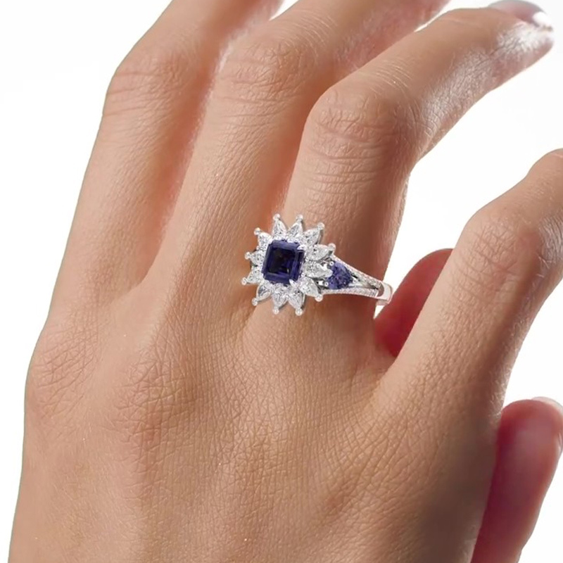 Sotiya Halo Asscher Cut Sidestones Engagement Ring Sterling Silver-Sotiya