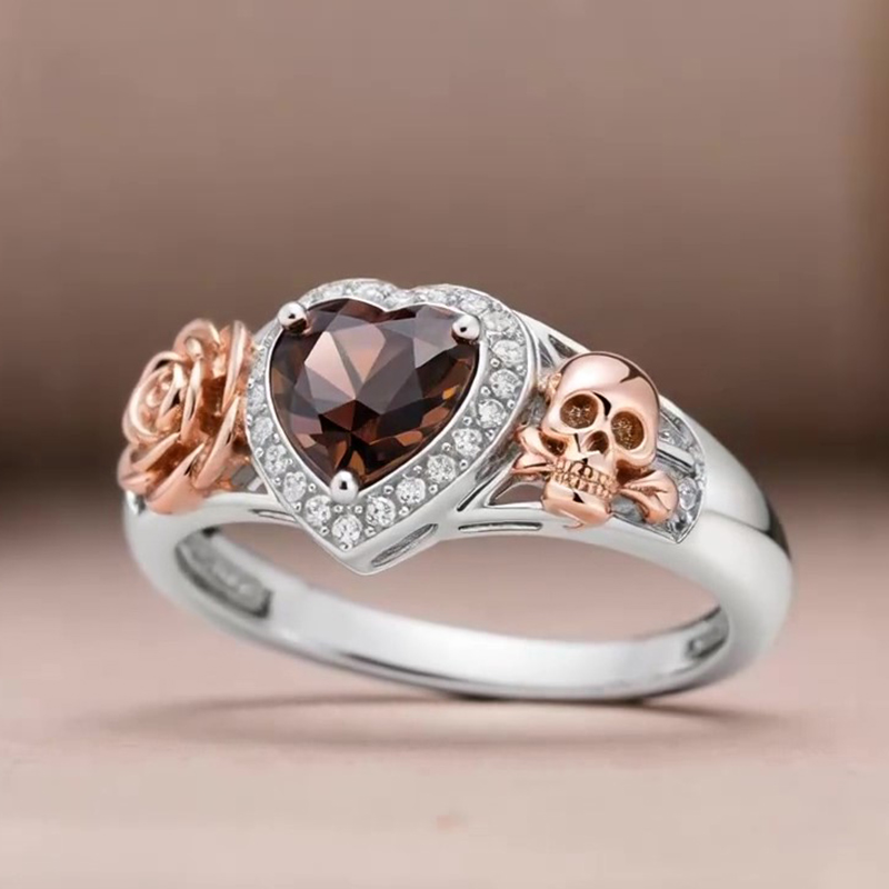 Sotiya Flower Skull Halo Heart Cut Coffee Engagement Ring Sterling Silver-Sotiya