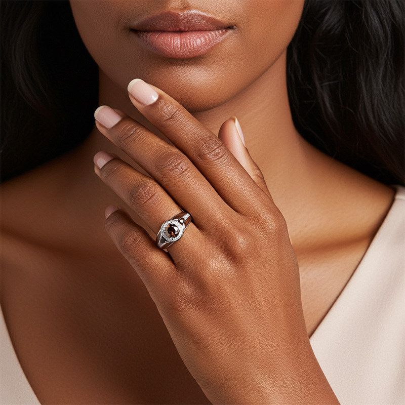 Sotiya Halo Round Cut Coffee Enamel Engagement Ring Sterling Silver-Sotiya