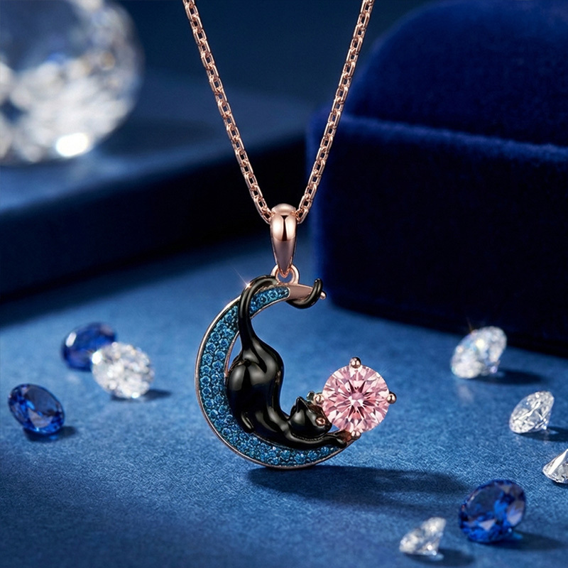 Sotiya 12 Birthstones Crescent Moon & Black Cat Round Cut Necklace Sterling Silver-Sotiya
