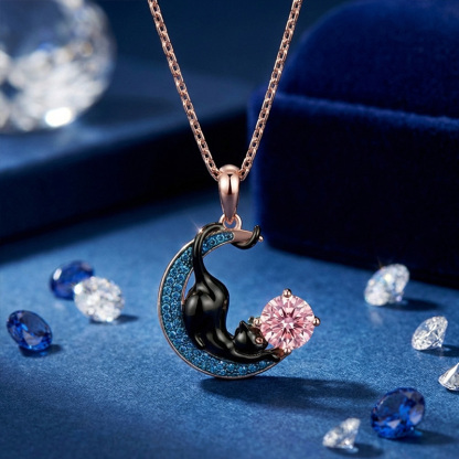 Sotiya 12 Birthstones Crescent Moon & Black Cat Round Cut Necklace Sterling Silver-Sotiya