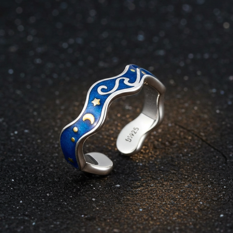 Sotiya Artist Collection Famous Painting Starry Night Inspired Enamel Open Ring Sterling Silver-Sotiya