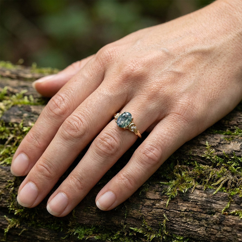 Sotiya Moon Design Moss Agate Oval Cut Engagement Ring Sterling Silver-Sotiya